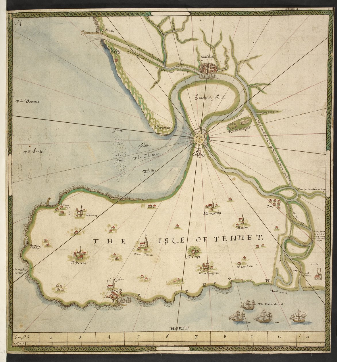 サネット島とサンドイッチ マーシュの地図、1610 年頃のジョン ロジャースの計画に基づく (紙にペン、インク、水彩) 作： 英語学校