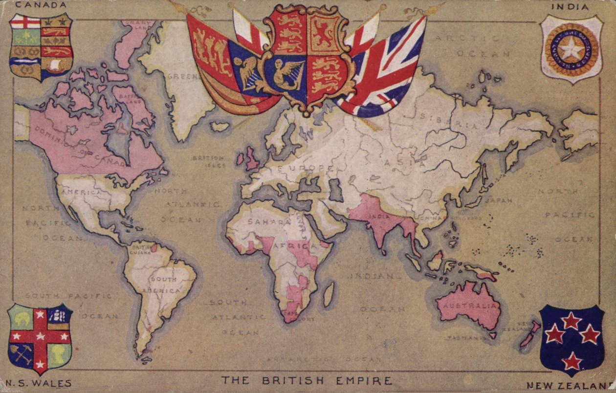 大英帝国と国旗・紋章の地図（カラーリトグラフ） 作： 英語学校