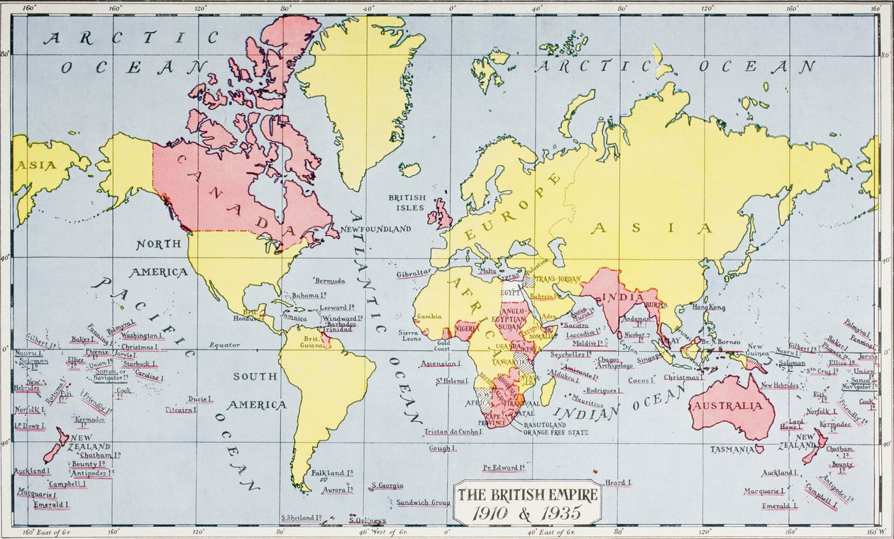 1910年と1935年の赤で示されたキングスエンパイアの地図（1935年発行の