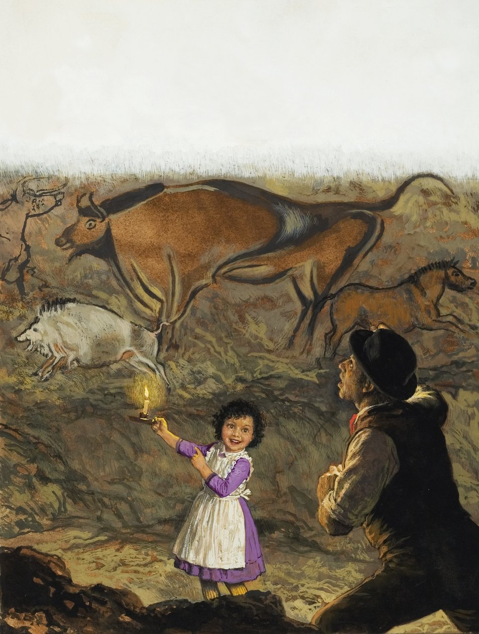 アルタミラの洞窟壁画を発見したマルセリーノ・サンス・デ・サウトゥオラ（1831-88）と娘のマリア（紙にグワッシュ） 作： 英語学校