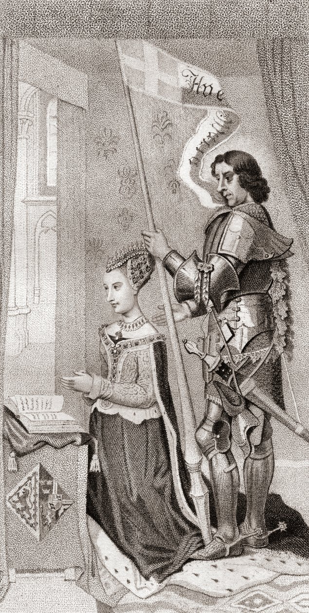 Tanskalainen Margarita ja Tanskan suojelija St. Canute, jonka takana pitelee lippua, jossa näkyy ristiretkien risti. Margaret Tanskalainen 作： 英語学校