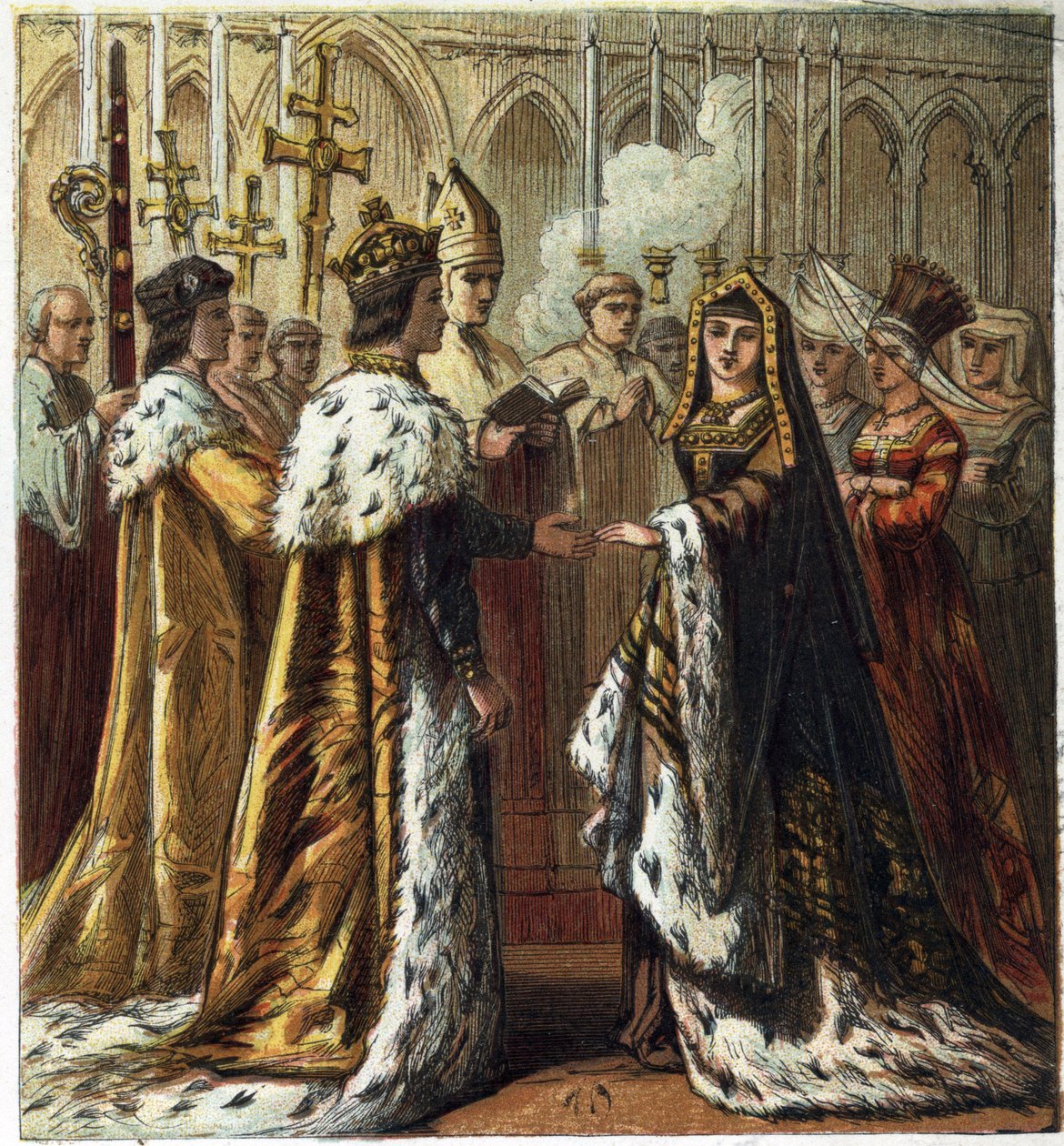 1486年1月18日、イングランド王ヘンリー7世（1457-1509）とヨークのエリザベス（1466-1503）の結婚。ヘンリー7世とヨーク家のエリザベスの結婚。1890年にジョージ・ラウトレッジ＆サンズ社から出版された「Pictures of English History」に掲載されたクロモリトグラフ。プリヴェ 作： 英語学校