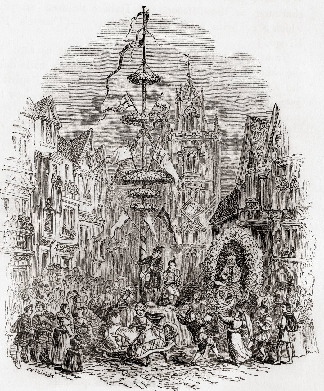 19世紀のイギリス、ロンドン、セント・アンドリュー・アンダーシャフト教会前で踊るメイポール（『Old England：A Pictorial Museum, pub.1847 作： 英語学校