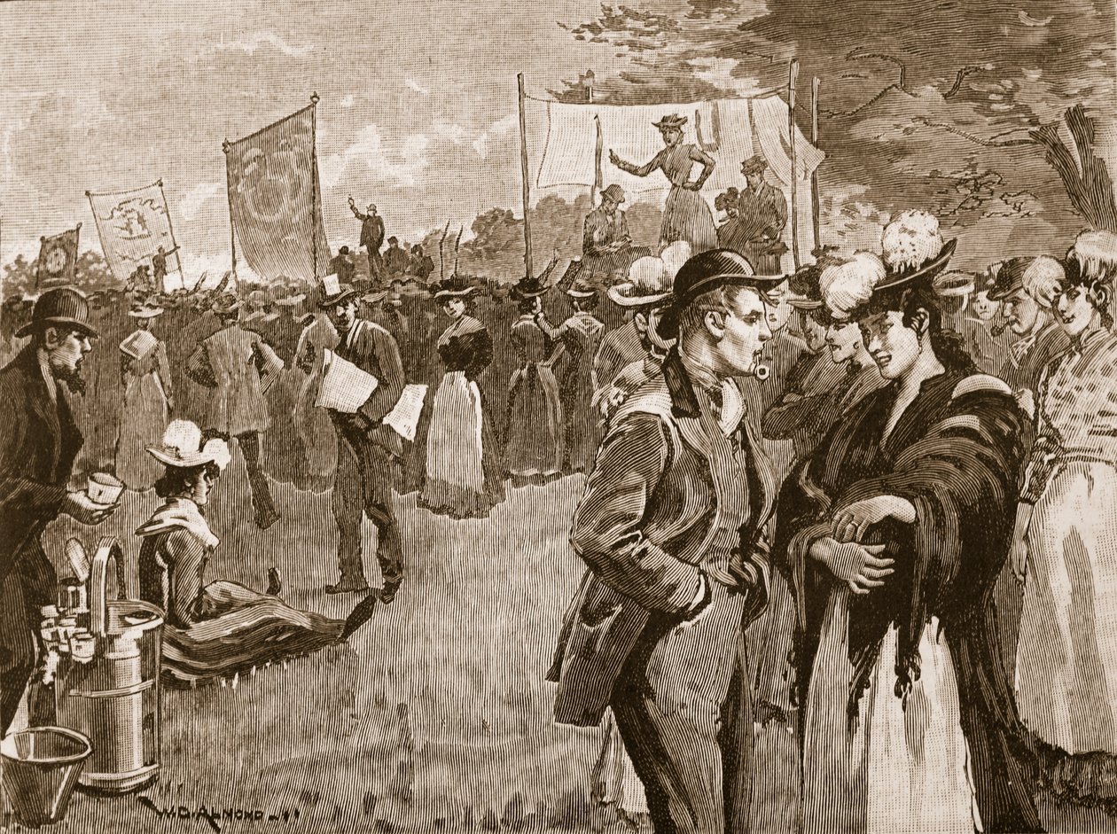 ハイドパークでの洗濯婦の集まり、1891年、Cassells Illustrated History of England（sepia写真）のイラスト 作： 英語学校