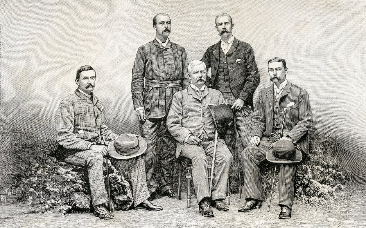 ヘンリーモートンスタンレーのエミンパシャレリーフ遠征隊、1890年のメンバー（木の彫刻） 作： 英語学校