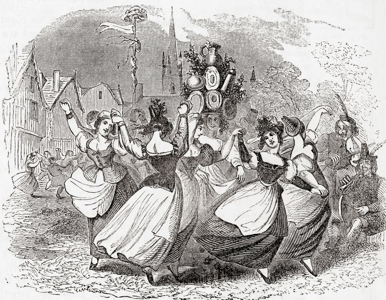ミルクメイドの踊り、皿の山、メーデー、イギリス、オールド・イングランドより：A Pictorial Museum, pub.1847 作： 英語学校