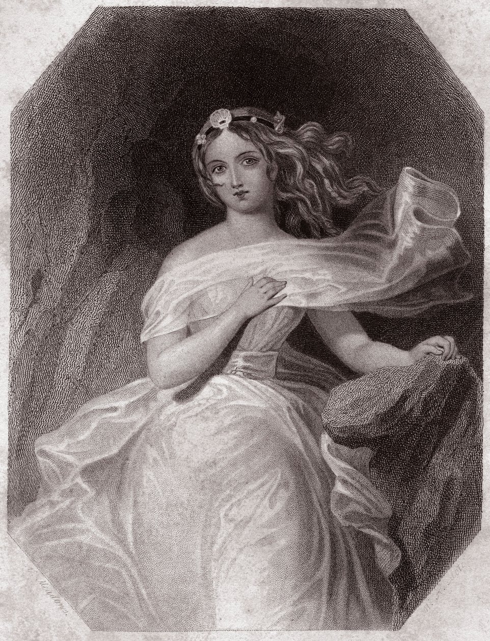 Miranda (The Tempest - La Tempete) in - "Galerie des femmes de Shakespeare, collection of 45 serious portraits by first artists of London, enriched with critical and literary notices" around 1838 - from "Gallery of the women of the Shakespeare", 作： 英語学校