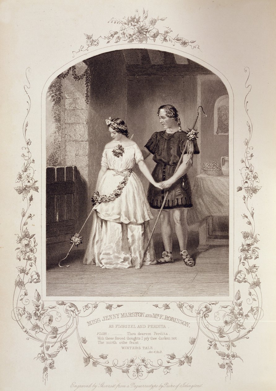 PaのダゲレオタイプからThomas Sherratt（fl.1860-80）が彫刻したWilliam Shakespeare（1564-1616）のThe Winters Taleで、PerditaとしてのJenny Marston氏とFlorizelとしてのF. Robinson氏、Act IV Scene 3 作： 英語学校