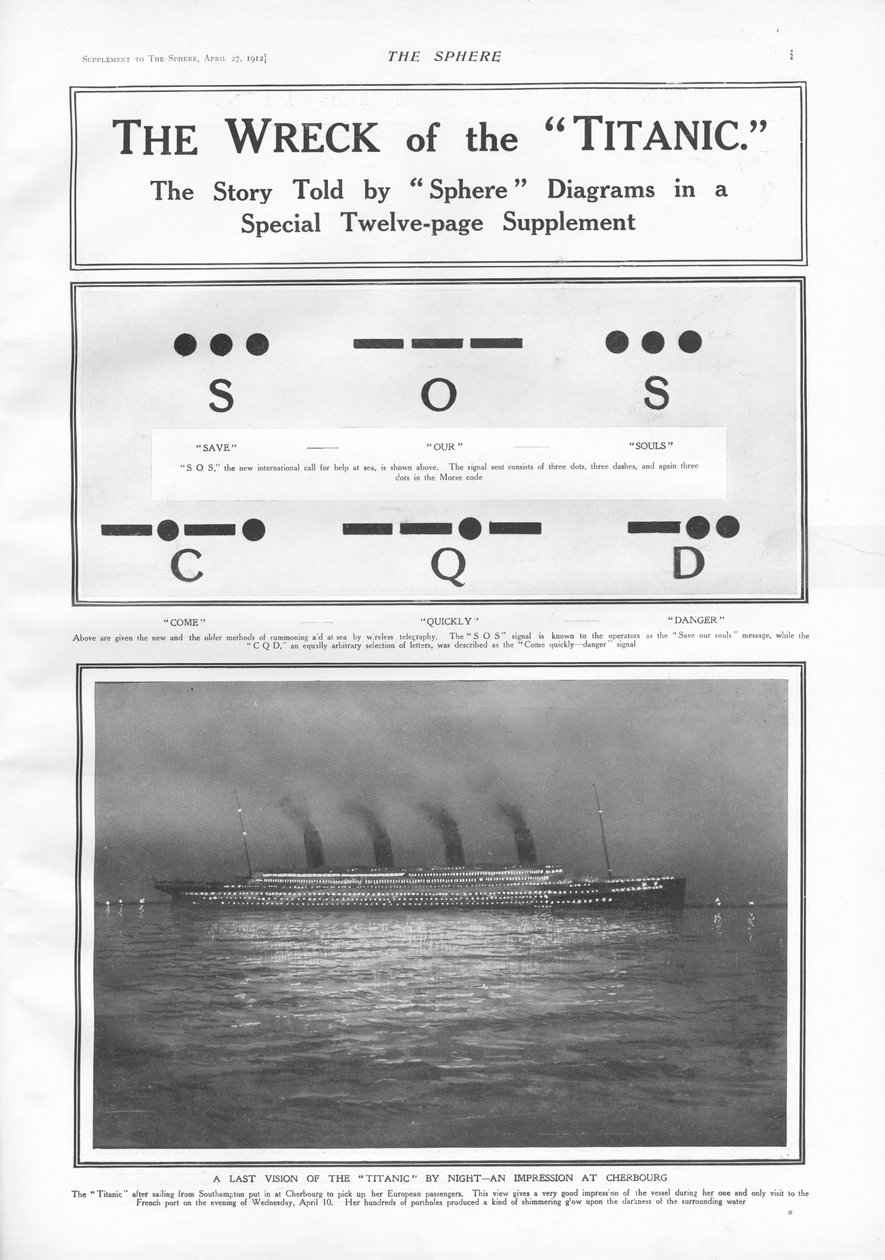 1912年4月27日、スフィアからモールス信号の信号とシェルブールに夜間停泊する蒸気船のイラスト 作： 英語学校