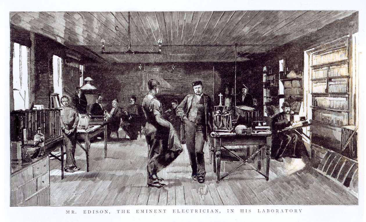 エジソン氏（1847〜1931年）、著名な電気技師、研究室で 作： 英語学校