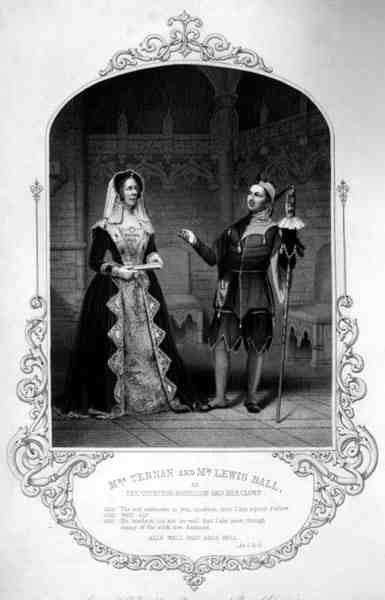 ルーシヨン伯爵夫人役のターナン夫人と道化役のルイス・ボール氏、ウィリアム・シェイクスピア（1564-1616）作『終わりよければすべてよし』の第1幕第3場、イズリントンのペインによるダゲレオタイプからD・パウンドが彫刻したもの。 作： 英語学校