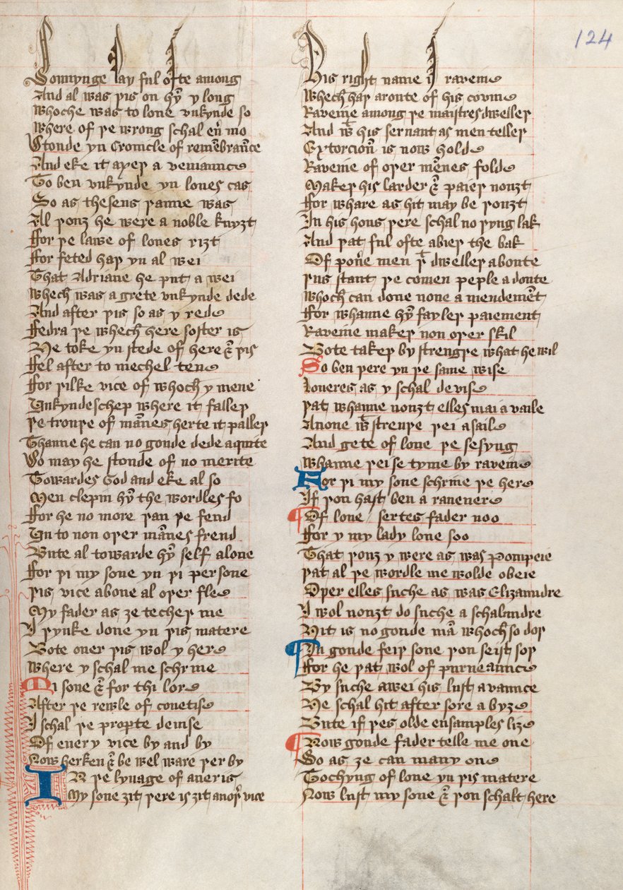 Ms326 f124r、John GowerによるConfessio Amantis（ベラムにペンとインク） 作： 英語学校