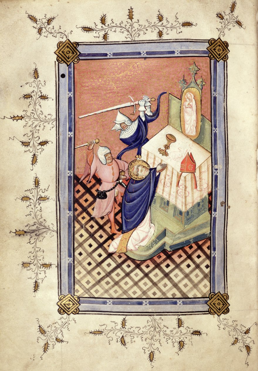 Ms.49 f.18vセントトーマスオブカンタベリー（c.1118-70）、2人の騎士、ホラエ、c.1420-30に襲われた 作： 英語学校