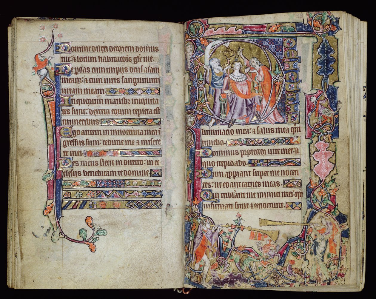 Ms 1-2005、ff.38v-39r：ダビデの油注ぎ、Macclesfield Psalterからの歴史的Dイニシャル、イーストアングリアの使用、1330年頃 作： 英語学校