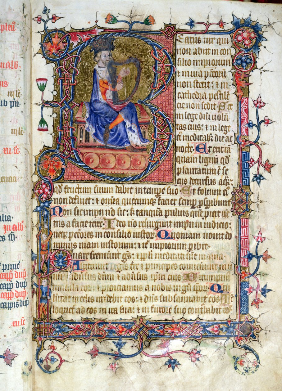 Ms 26 fol.7r。詩篇1、デイビッドハーピング、ラムジー修道院詩篇、1380年頃 作： 英語学校
