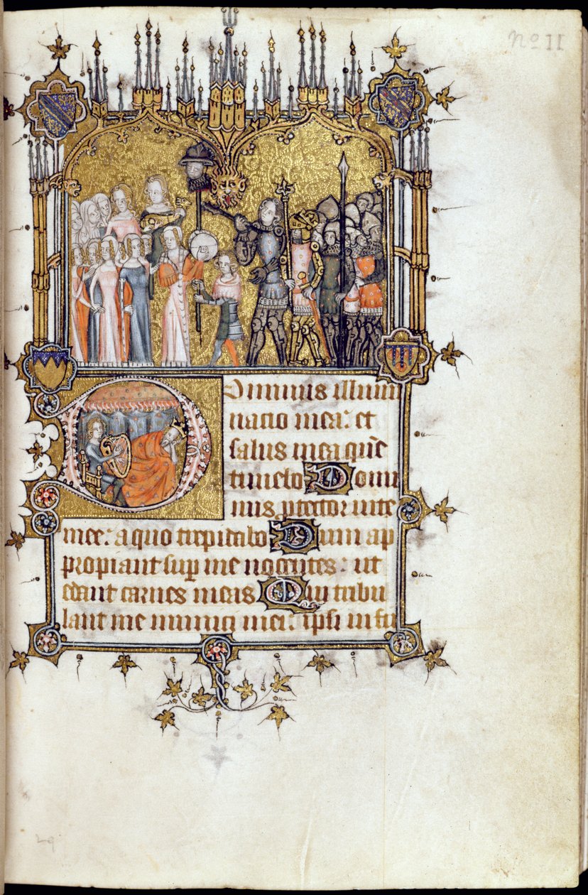 Ms 38-1950、f.29r：ゴリアテスを運ぶ行列の先頭にいるダビデは、Bohun Psalterから、c.1370 作： 英語学校