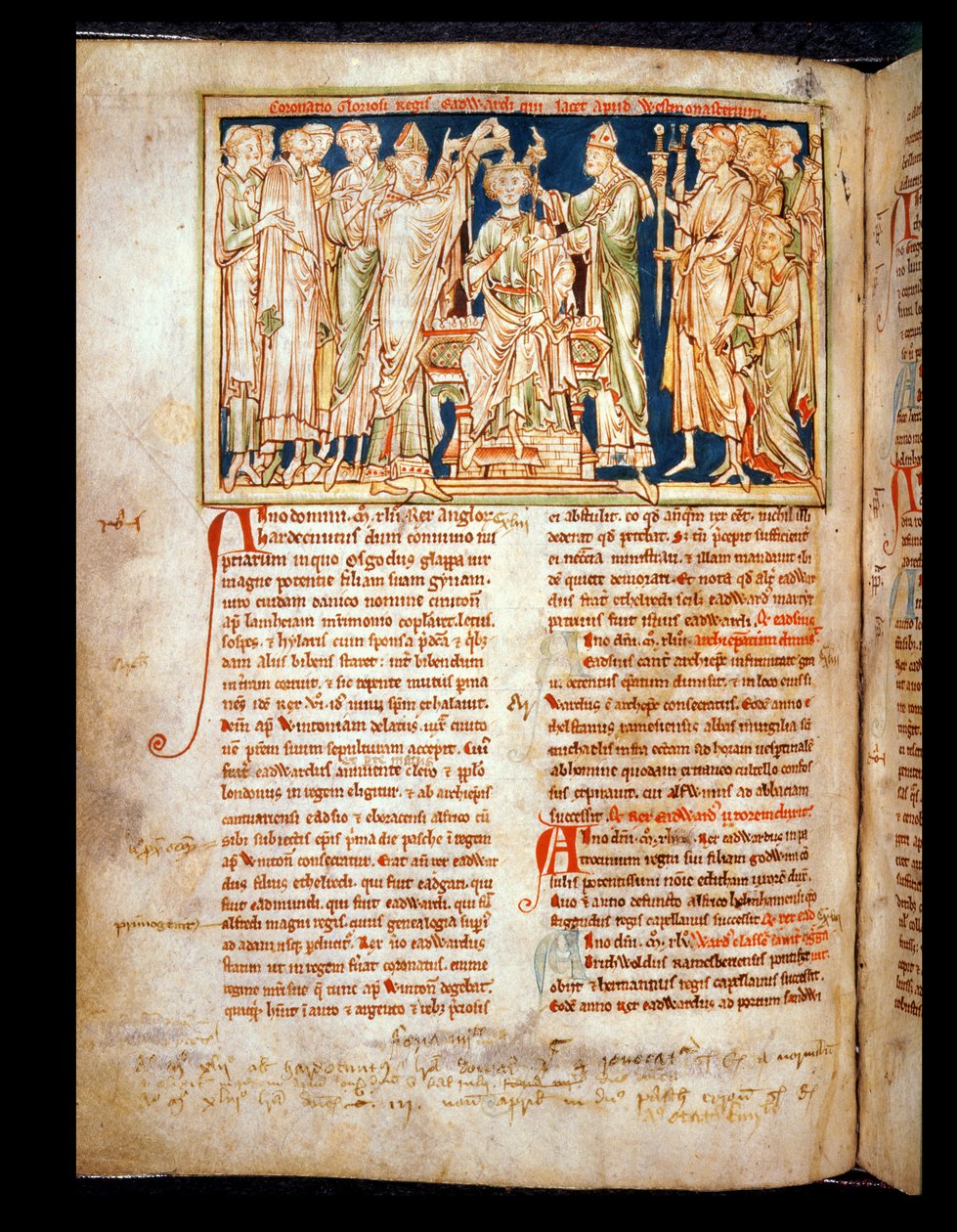 Ms 6712（A.6.89）fol.115vエドワードザコンフェッサ（1004-66）フローレスヒストリアラムのミニチュア、マシューパリ作、1250-52 作： 英語学校