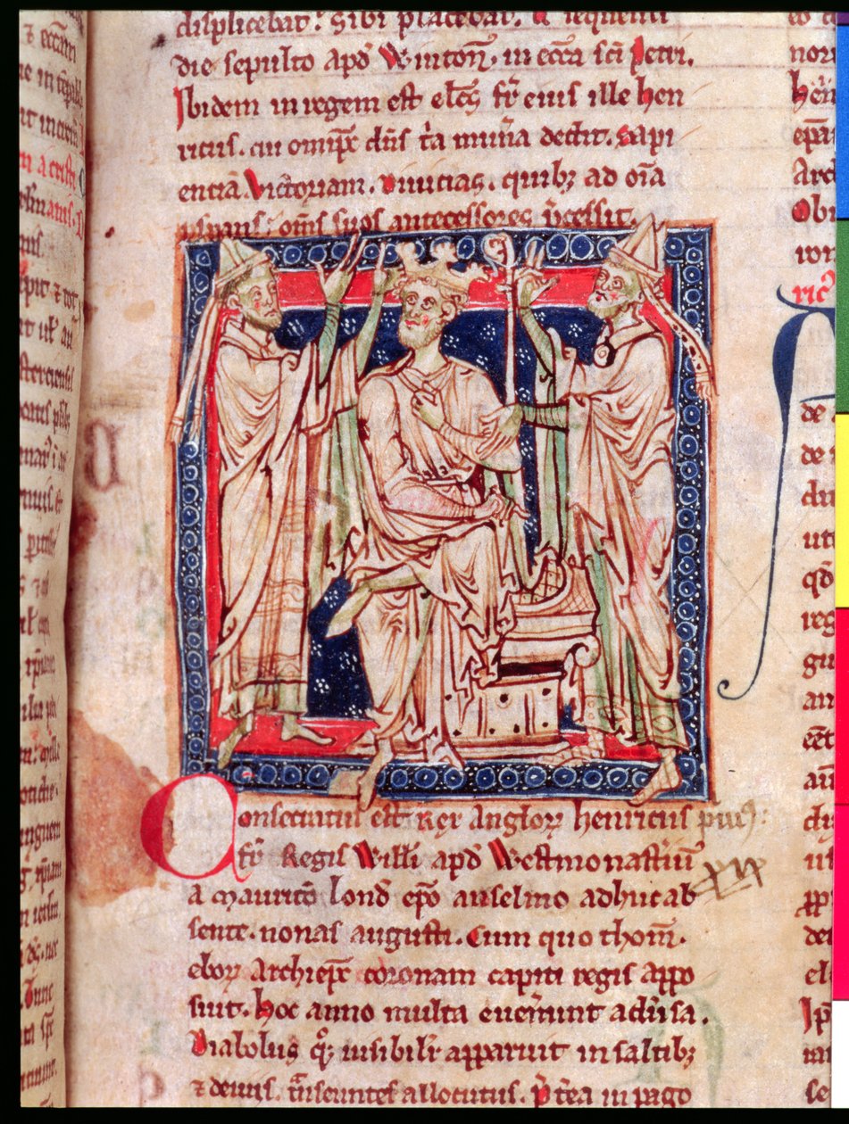 Ms 6712（A.6.89）fol.129r HENRY 1（1068-1135）、マシューパリの歴史の花からのミニチュア、1250-52 作： 英語学校