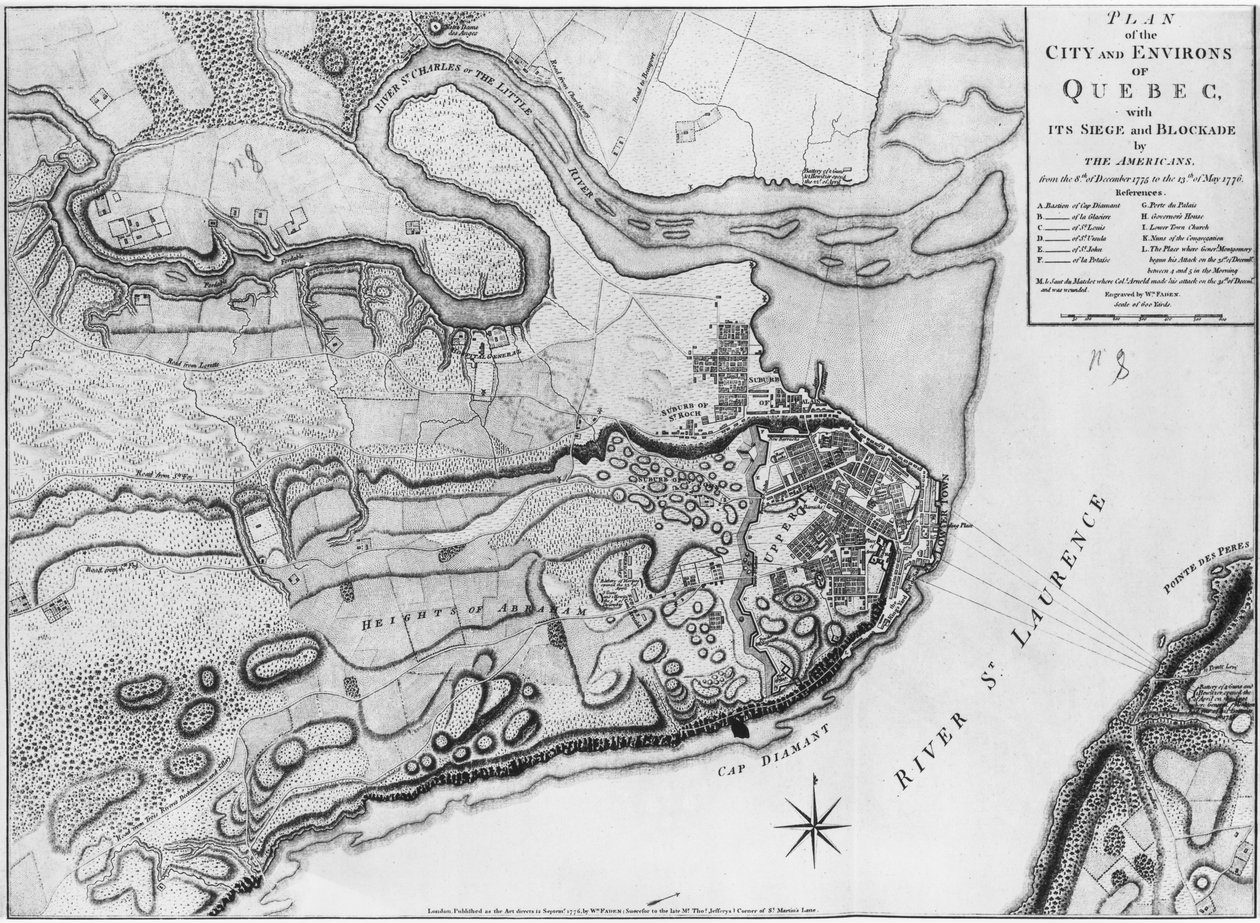 Ms A 224 f.8アメリカ人による包囲と封鎖を備えたケベックの街とその周辺の地図、「アトラスデラグエレダメリーク」のイラスト、1775-76年） 作： 英語学校