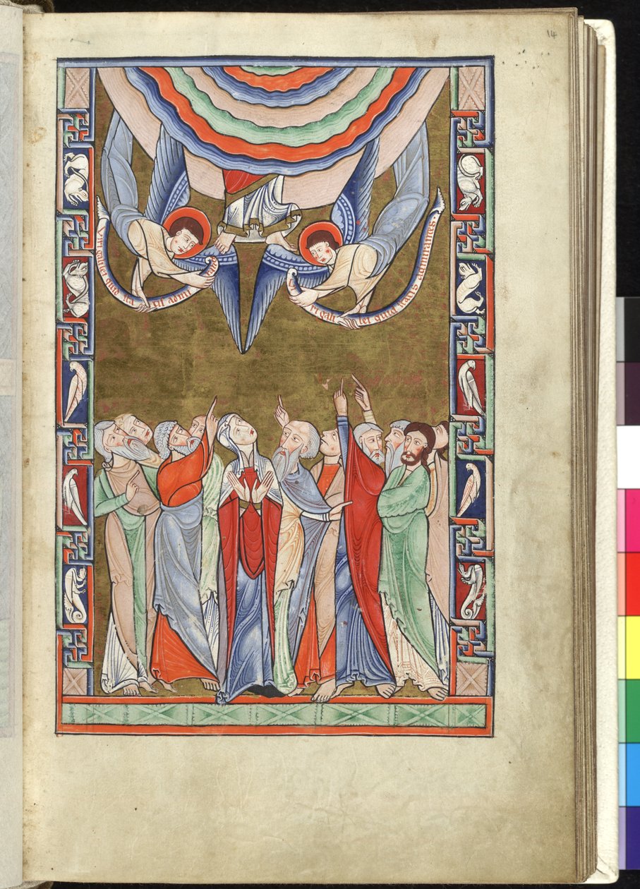 Ms Hunter 229 f.14r The Ascension、Hunterian Psalter から、1170 年頃（ベラム紙にペンとインク、テンペラ） 作： 英語学校