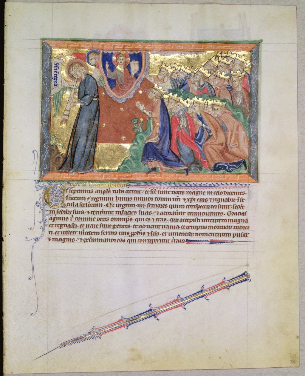 Ms LA 139-Lisboa fol.28トランペットを吹く7人目の天使と神を崇拝する24人の長老たち、グルベンキアンの黙示録、c.1265-70 作： 英語学校