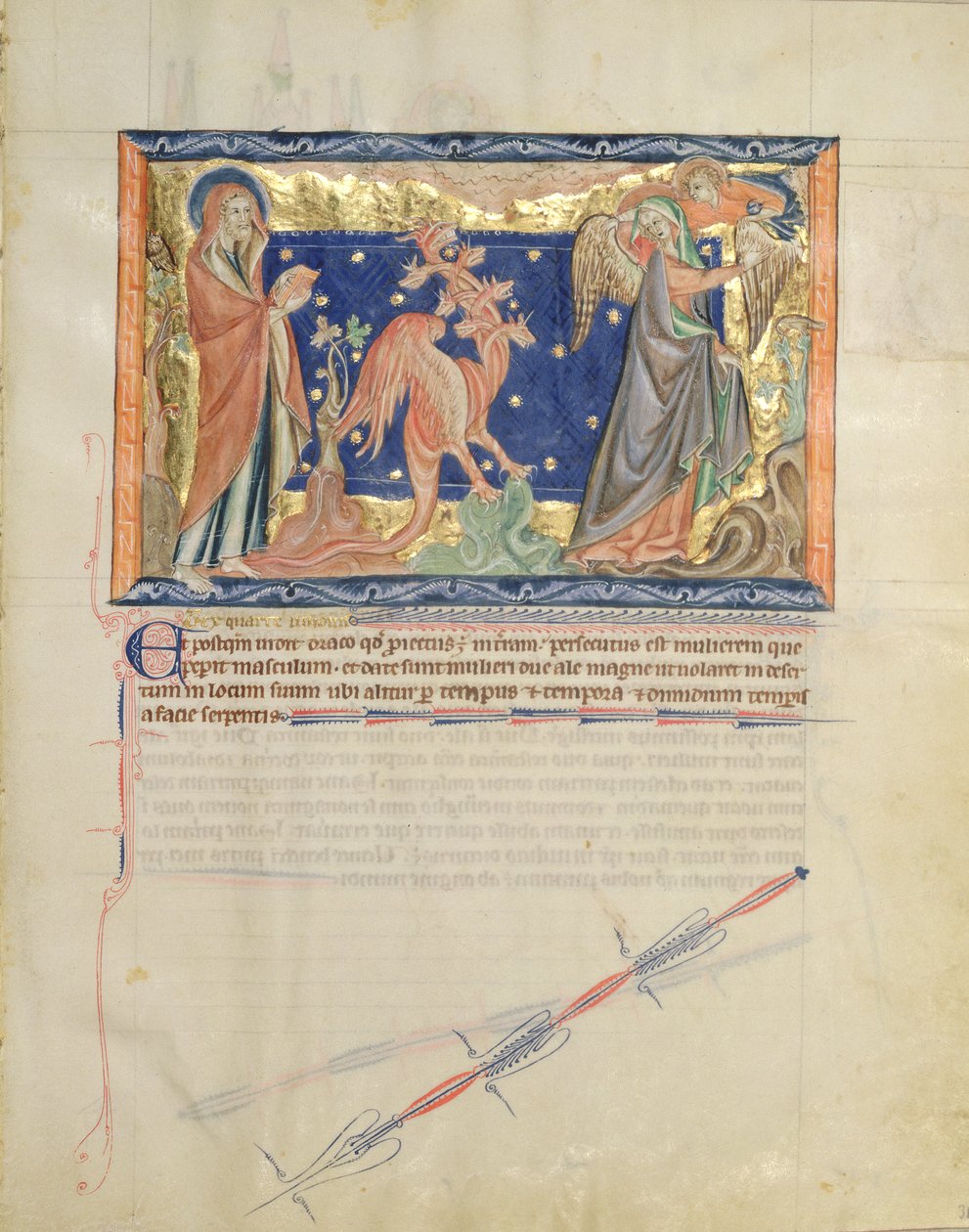 Ms LA 139-Lisboa fol.31聖ヨハネが天使を見て、女性がグルベンキアンの黙示録から赤いドラゴンから脱出するのを手伝う、c.1265-70 作： 英語学校