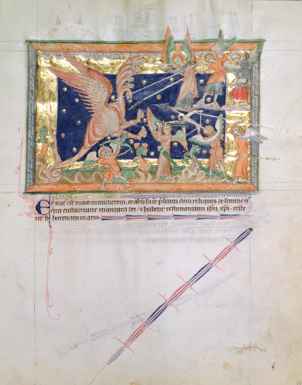 Ms LA 139-Lisboa fol.33グルベンキアンの黙示録、c.1265-70からの忠実な者との戦争を繰り広げているドラゴン 作： 英語学校