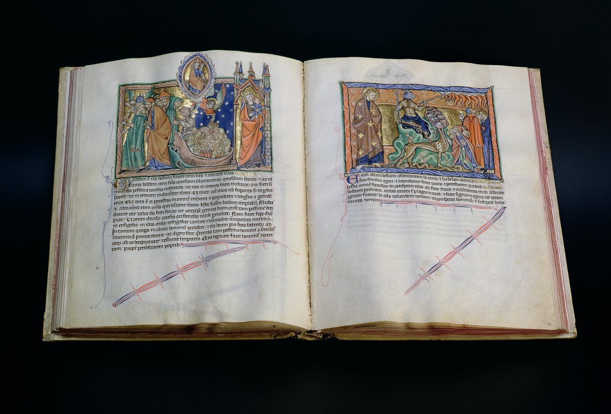 Ms LA 139-Lisboa fol.37v-38 Gulbenkian Apocalypse、c.1265-70からの獣の冒涜の神の名前、および3番目と2番目の獣を崇拝する人々 作： 英語学校