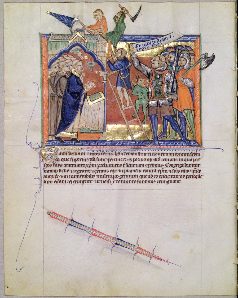Ms LA 139-リスボアfol.66グルベンキアンの黙示録、c.1265-70から、信者を攻撃する人々に対して軍を率いる神の戦士 作： 英語学校