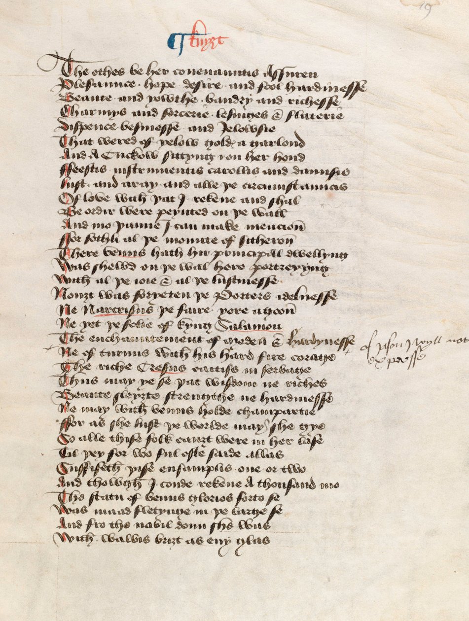 Ms. New Coll 314、f19r、The Canterbury Tales by Geoffrey Chaucer（ペン＆ベラムにインク） 作： 英語学校