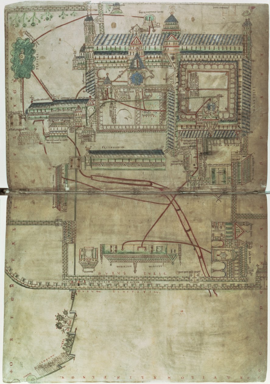 Ms R 171 f.285 カンタベリー大聖堂と配管システムの平面図、「Eadwine Psalter」、c.1150 (ベラム) 作： 英語学校
