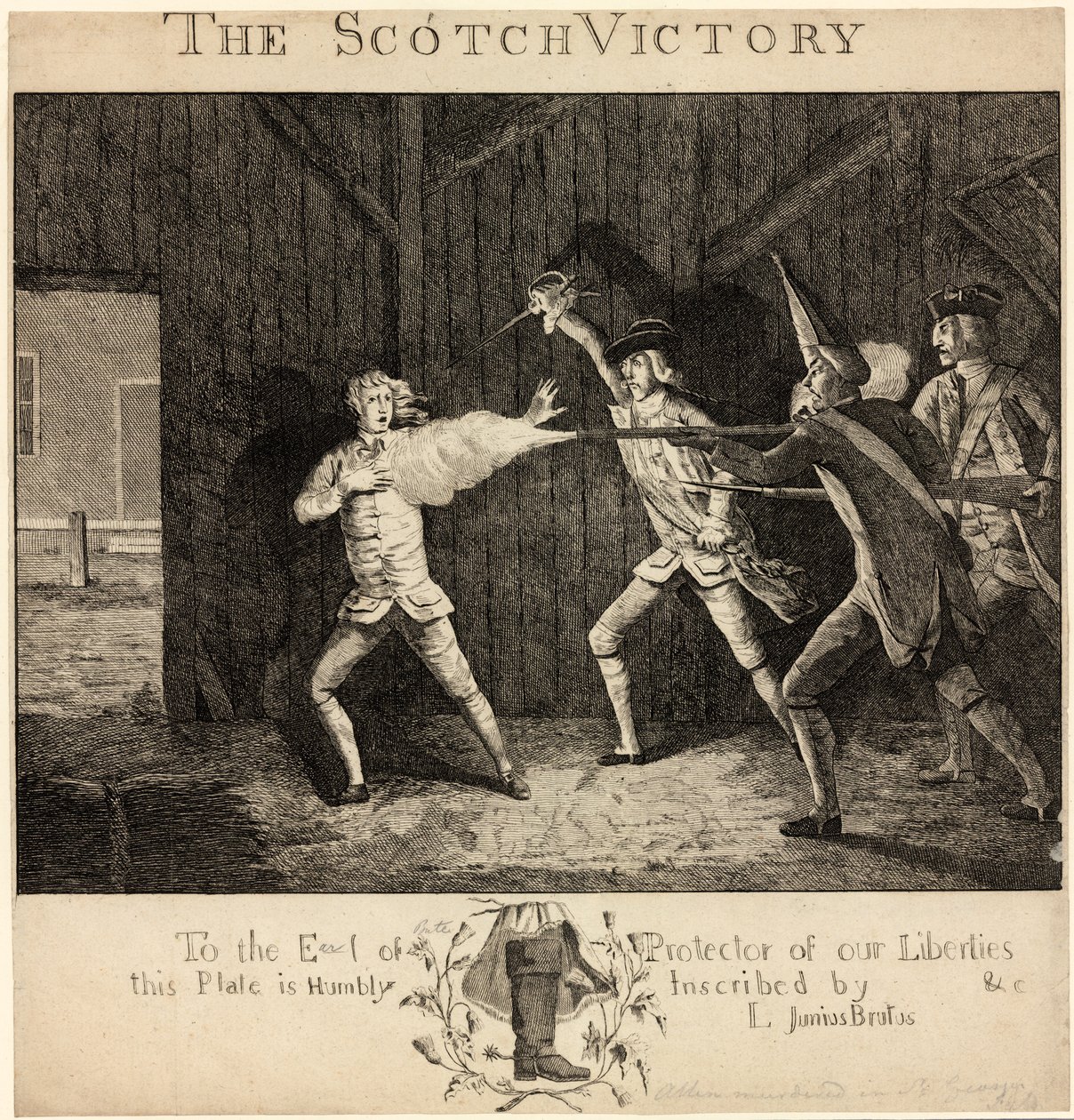 1768年5月10日、セント・ジョージズ・フィールズ付近でのウィリアム・アレン殺害事件。 作： 英語学校