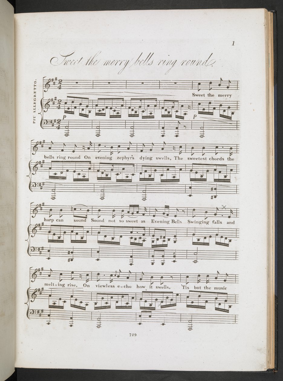 「Sweet the Merry Bells Ring Round」の楽譜、John Clare & F.W. Crouch、1 ページ、1820 年頃 (印刷) 作： 英語学校