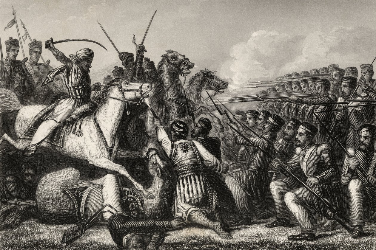1857年に発行された「インディアン反乱の歴史」からの1857年のカウンポアの戦いで歩兵広場を攻撃する反逆騎兵 作： 英語学校