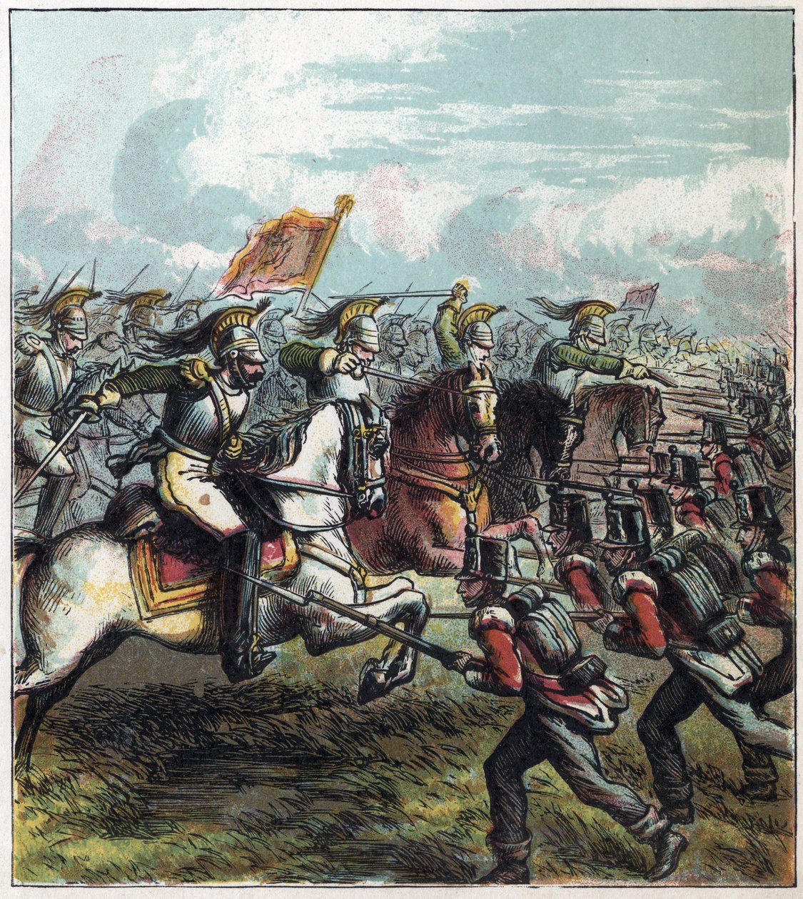 ナポレオン戦争：1815年6月18日のワーテルローの戦い。ナポレオン1世のフランス騎兵隊がイギリス軍に突撃し、フランス軍の敗北によりナポレオン1世の帝国は終焉を迎えたワーテルローの戦い。 作： 英語学校