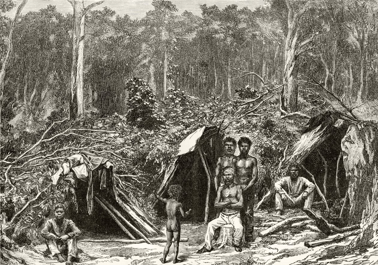 ハワードウィロビー著「オーストラリアの写真」からのネイティブアボリジニー野営地、1880年頃、ロンドン宗教宗教協会発行、1886年 作： 英語学校