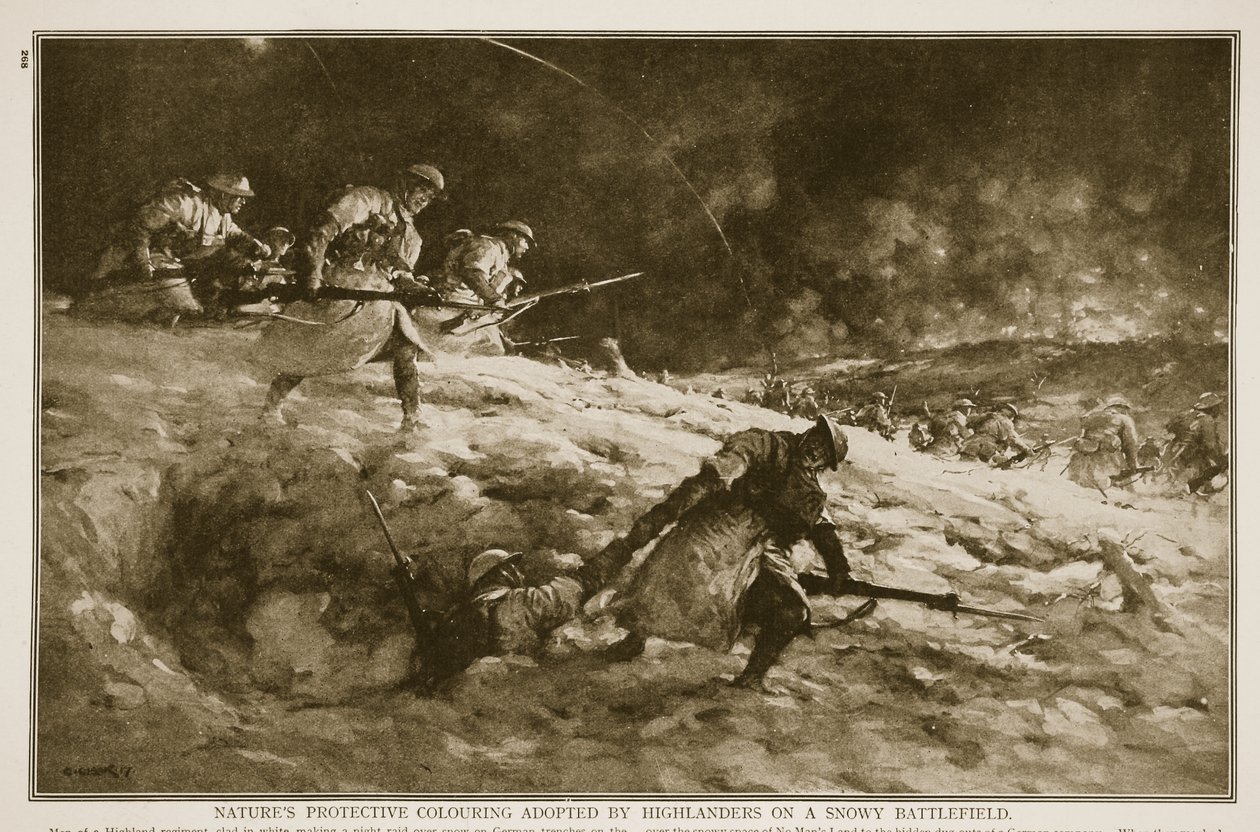 雪に覆われた戦場でハイランダーによって採用された自然保護色、1914-19 作： 英語学校