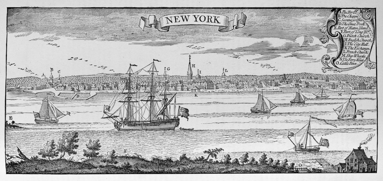 1732年のニューヨーク、「アメリカの物語と批評の歴史」第1巻のイラスト、1887年（彫刻） 作： 英語学校