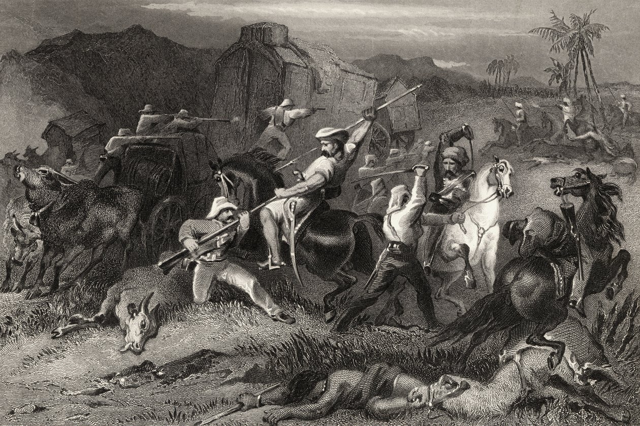 1858年に発行された「インディアン反乱の歴史」からの夜の出撃と手荷物ワゴンへの攻撃 作： 英語学校