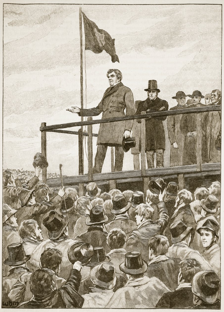 1843年のトリムでの会議でのOConnell、Cassells Illustrated History of England（sepia写真）からのイラスト 作： 英語学校