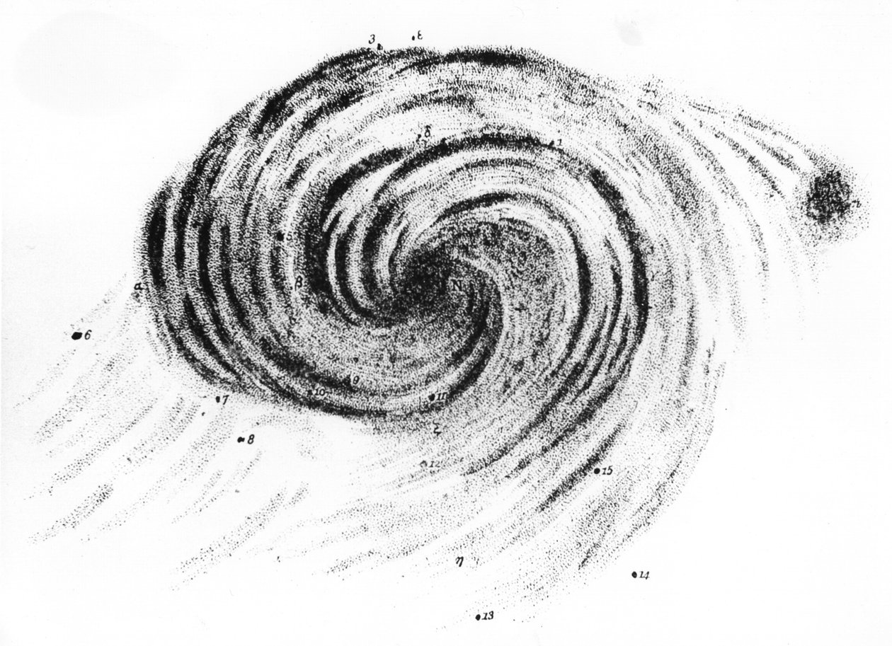1850年にロンドンで出版されたロッセ卿による星雲の観測からの、ケーンズ・ヴェナティチにおける渦状銀河の観測 作： 英語学校
