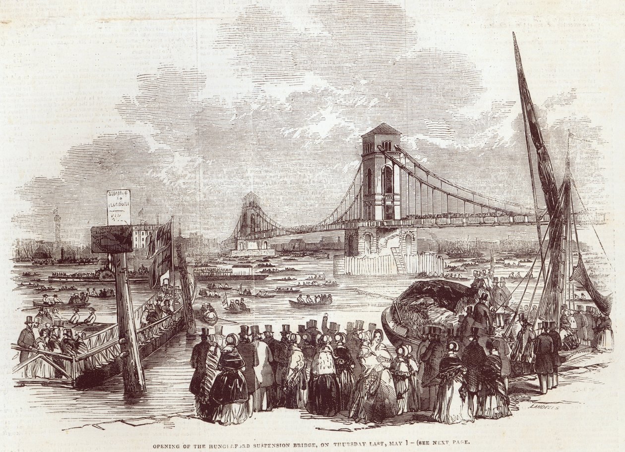 ハンガーフォード吊り橋の開通、「The Illustrated London News」（1845年5月3日）より 作： 英語学校