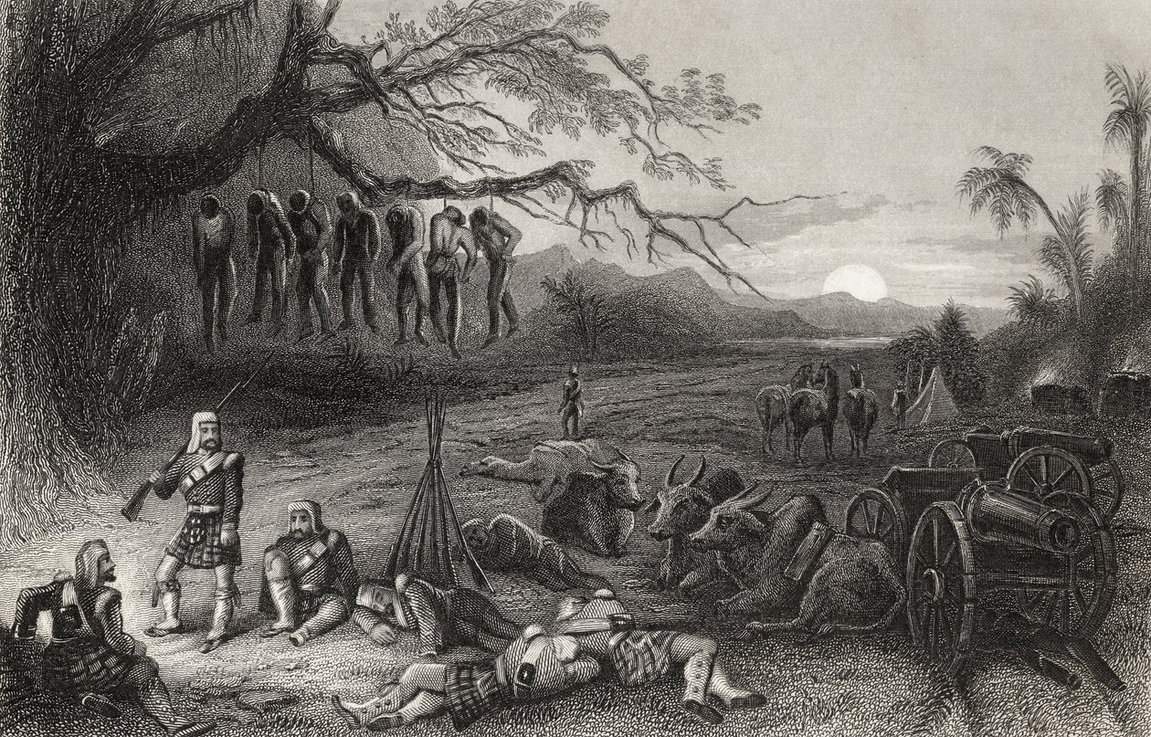 1858年に出版された「インディアン反乱の歴史」からの、ベナレスのハイランド旅団の外れのピケット 作： 英語学校
