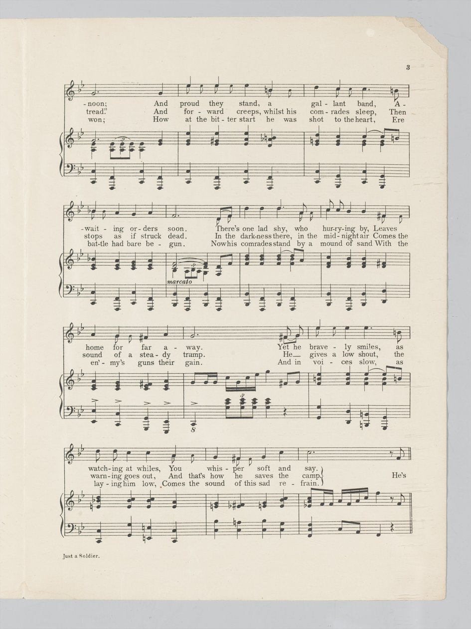 曲「Just a Soldier」の楽譜の3ページ目 作： 英語学校