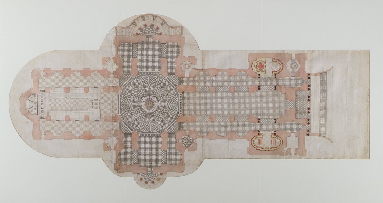 セントポールズ大聖堂の舗装計画、実施済み、c.1710（紙にペンとインクで洗う） 作： 英語学校