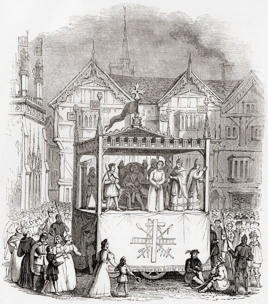コベントリーのスミス劇団による15世紀の受難劇「キリストの裁判と磔刑」の上演：A Pictorial Museum, pub.1847 作： 英語学校