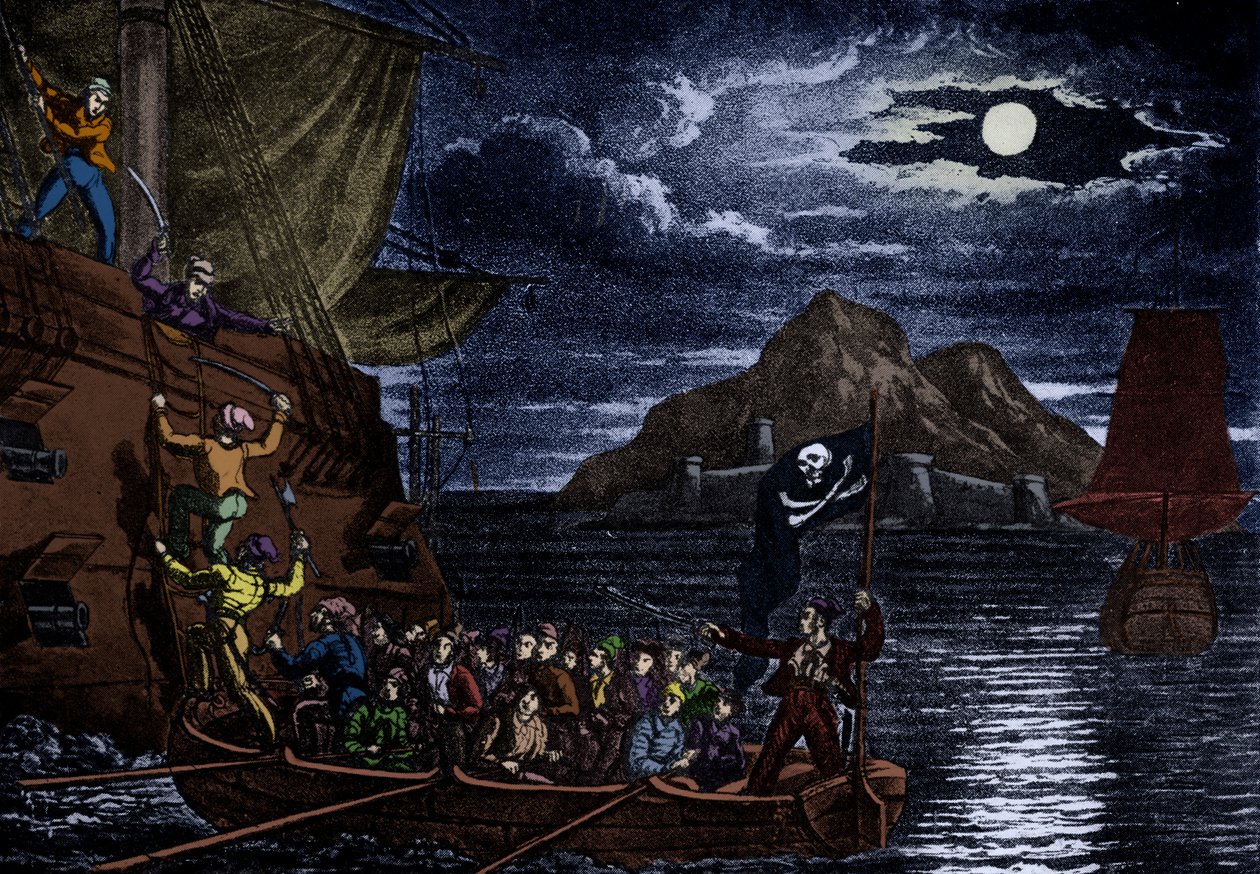スペイン船に乗り込む海賊たち（西インド諸島）、「The History and Lives of the Most Notorious Pirates」の挿絵。 作： 英語学校