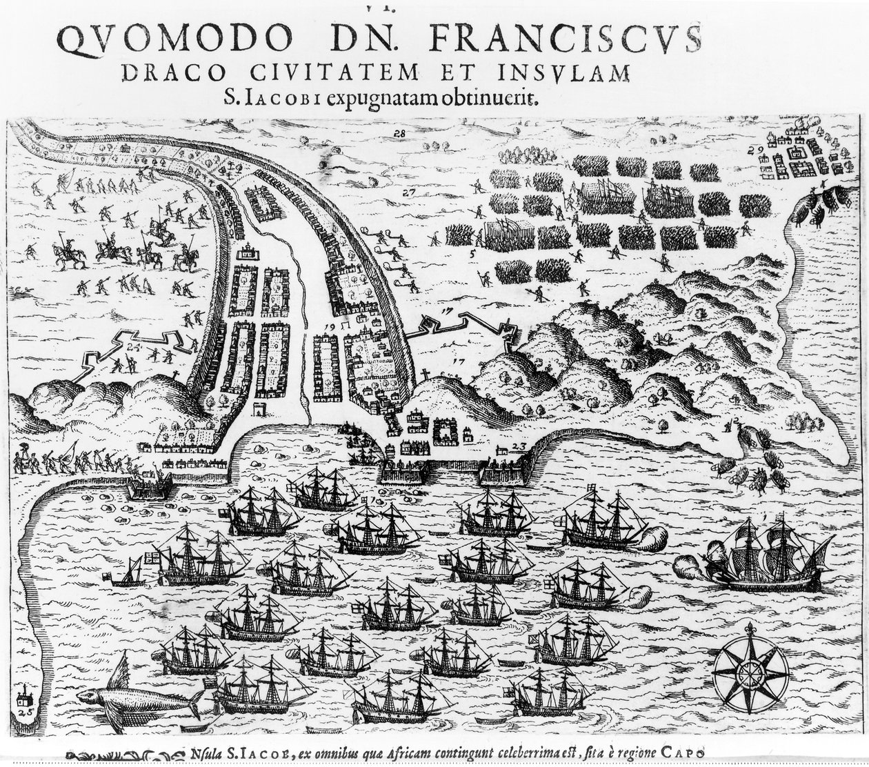 フランシスドレイク（c.1540-96）がサンジェイコブ島を襲撃し、保持した方法を示す計画 作： 英語学校