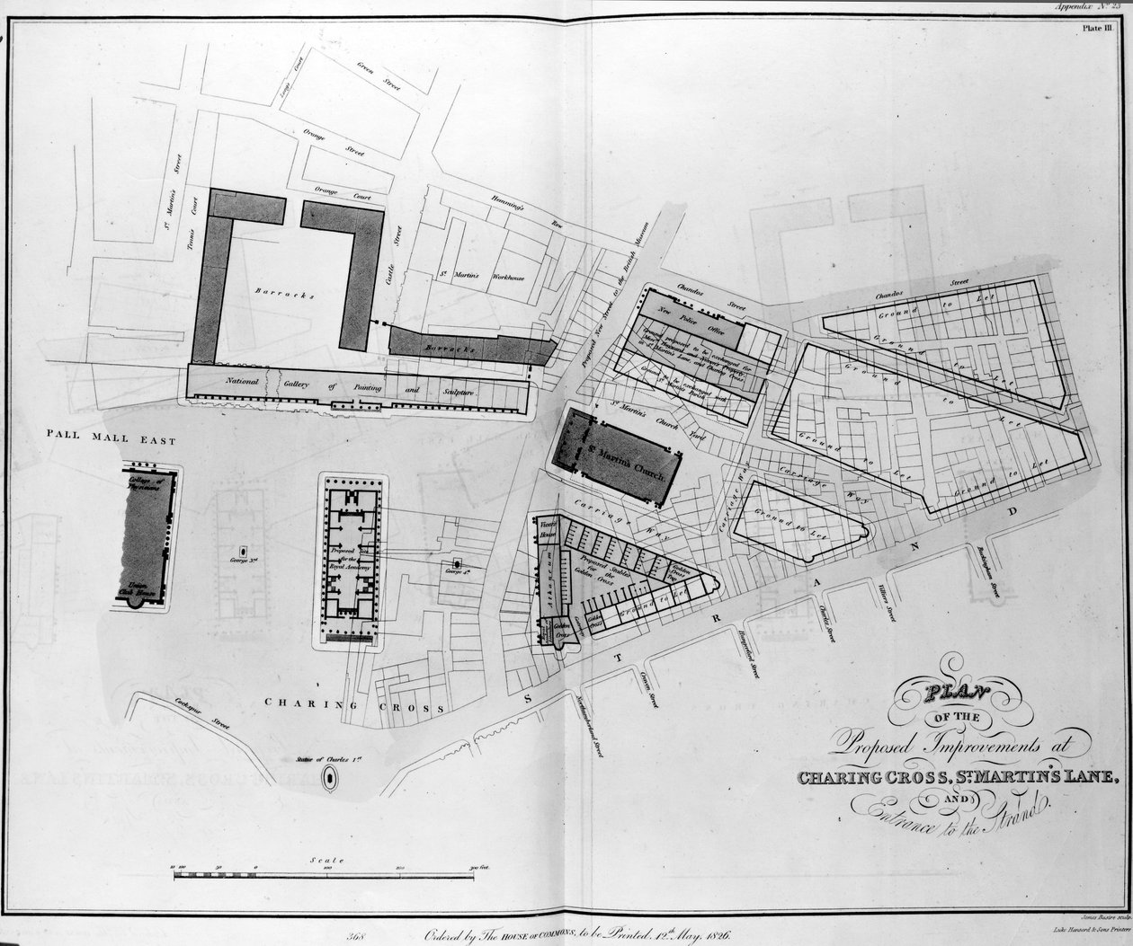 セントマーティンズレーンのチャリングクロスとストランドへの入り口で提案された改善計画、1826年 作： 英語学校