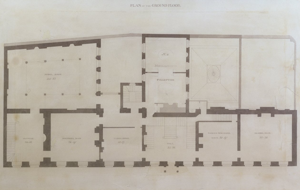 王立研究所による取得後の家の最初の改造後の21 Albemarle Streetの1階の計画、1800年頃（紙に鉛筆とトイレ） 作： 英語学校